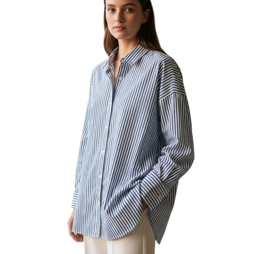 LE SARTE PETTEGOLE Striped Button Down Shirt Blue White Women's size 6 NWT $290 - Picture 1 of 9